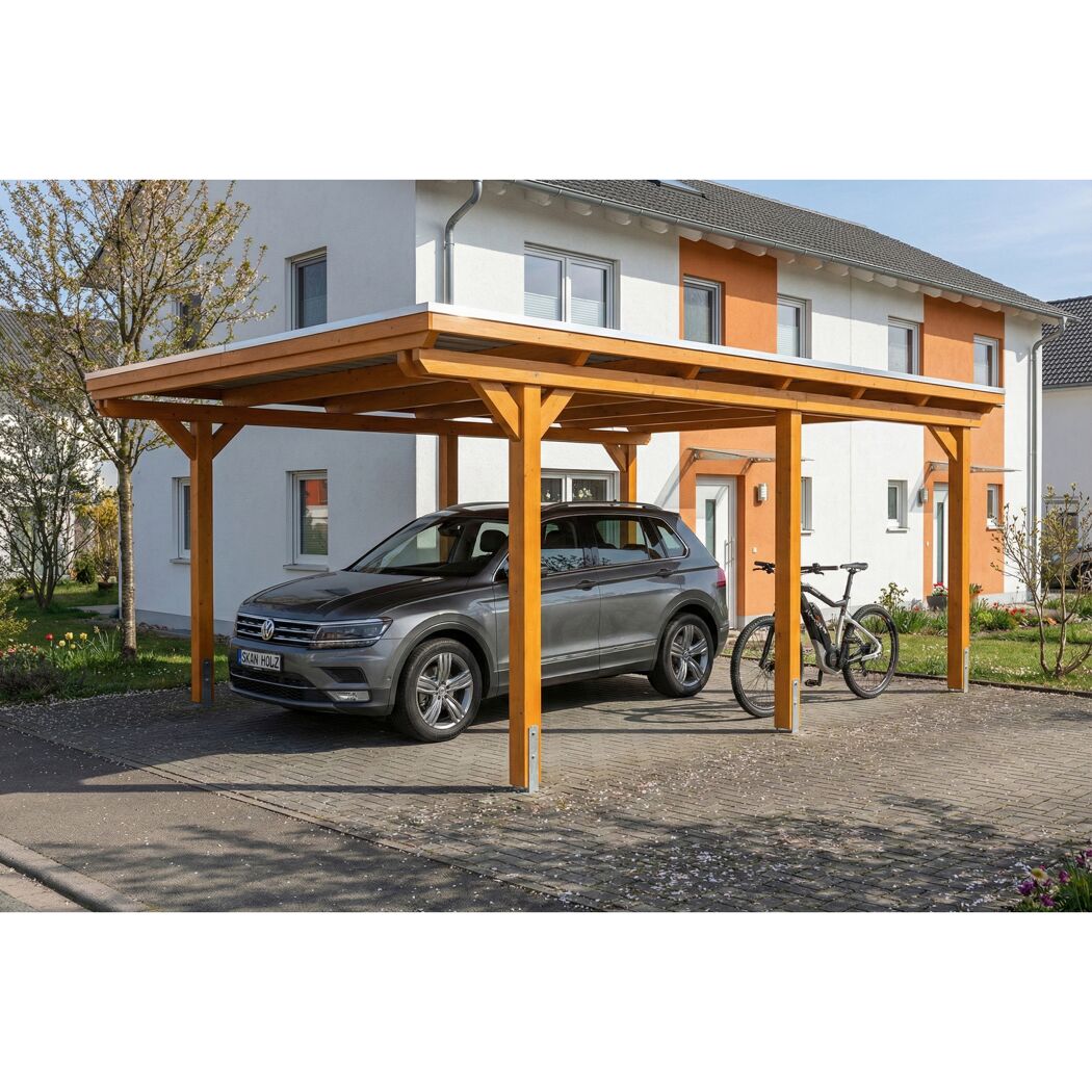 Einzelcarport 'Emsland' Eiche hell 402 x 604 cm mit EPDM-Dach