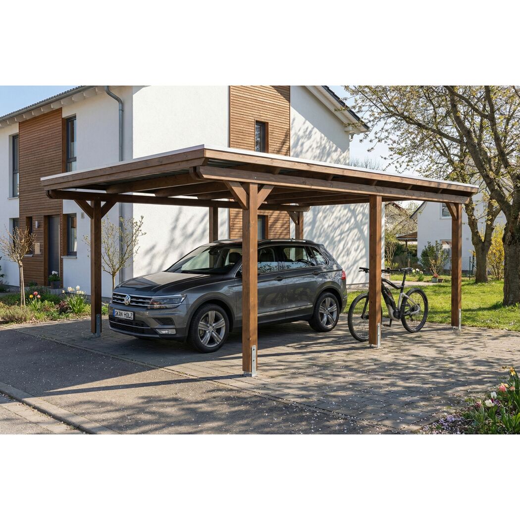 Einzelcarport 'Emsland' nussbaumfarben 402 x 604 cm mit EPDM-Dach