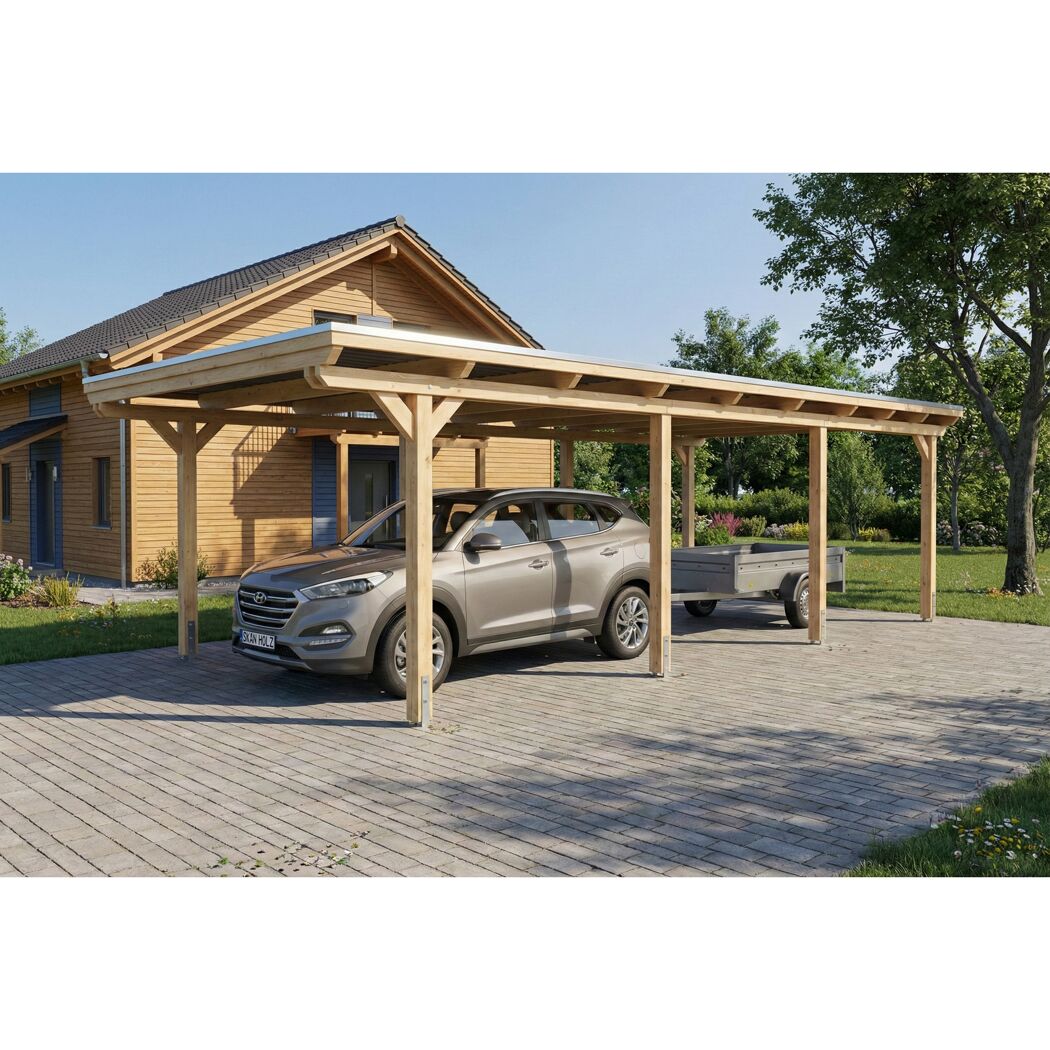 Einzelcarport 'Emsland' naturfarben 402 x 846 cm mit Stahl-Dachplatten