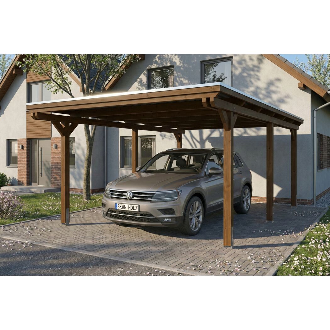 Einzelcarport 'Emsland' nussbaumfarben 402 x 604 cm mit Stahl-Dachplatten