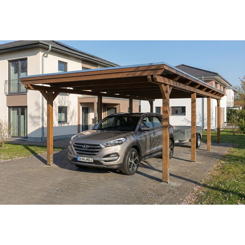 Einzelcarport 'Emsland' nussbaumfarben 402 x 846 cm mit Stahl-Dachplatten