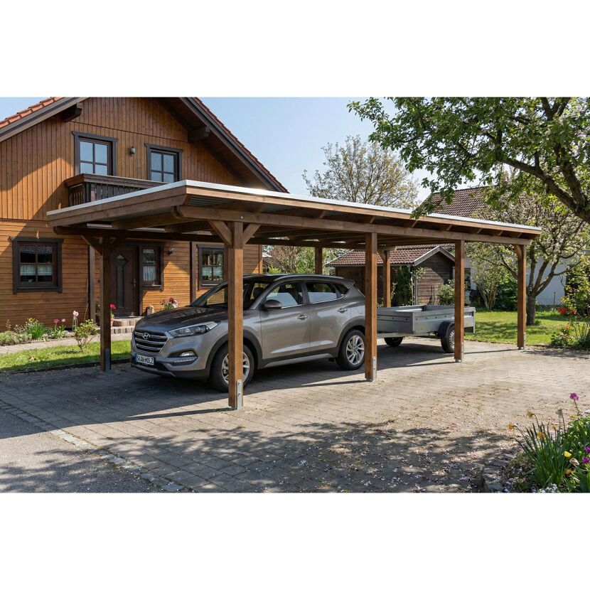 Einzelcarport 'Emsland' nussbaumfarben 402 x 846 cm mit Stahl-Dachplatten