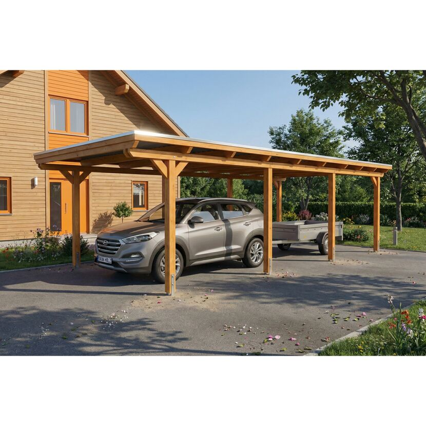 Einzelcarport 'Emsland' Eiche hell 402 x 846 cm mit EPDM-Dach