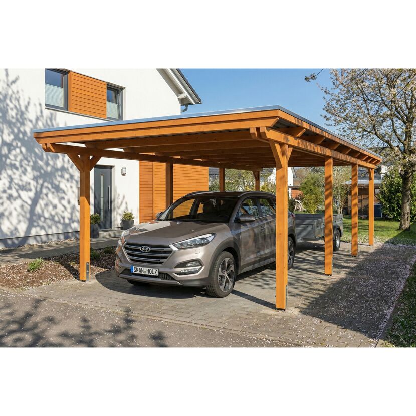 Einzelcarport 'Emsland' Eiche hell 402 x 846 cm mit Stahl-Dachplatten