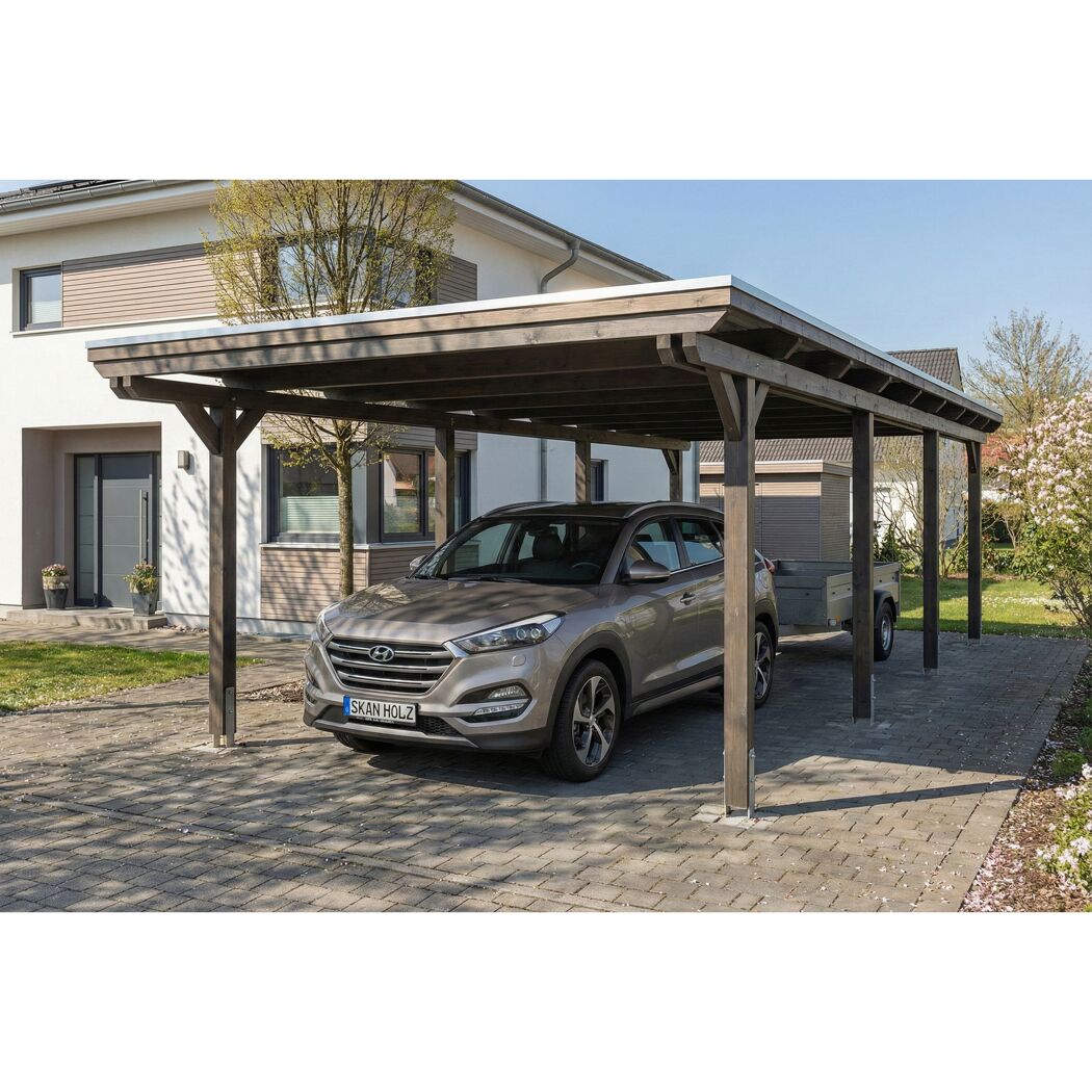 Einzelcarport 'Emsland' schiefergrau 402 x 846 cm mit Stahl-Dachplatten