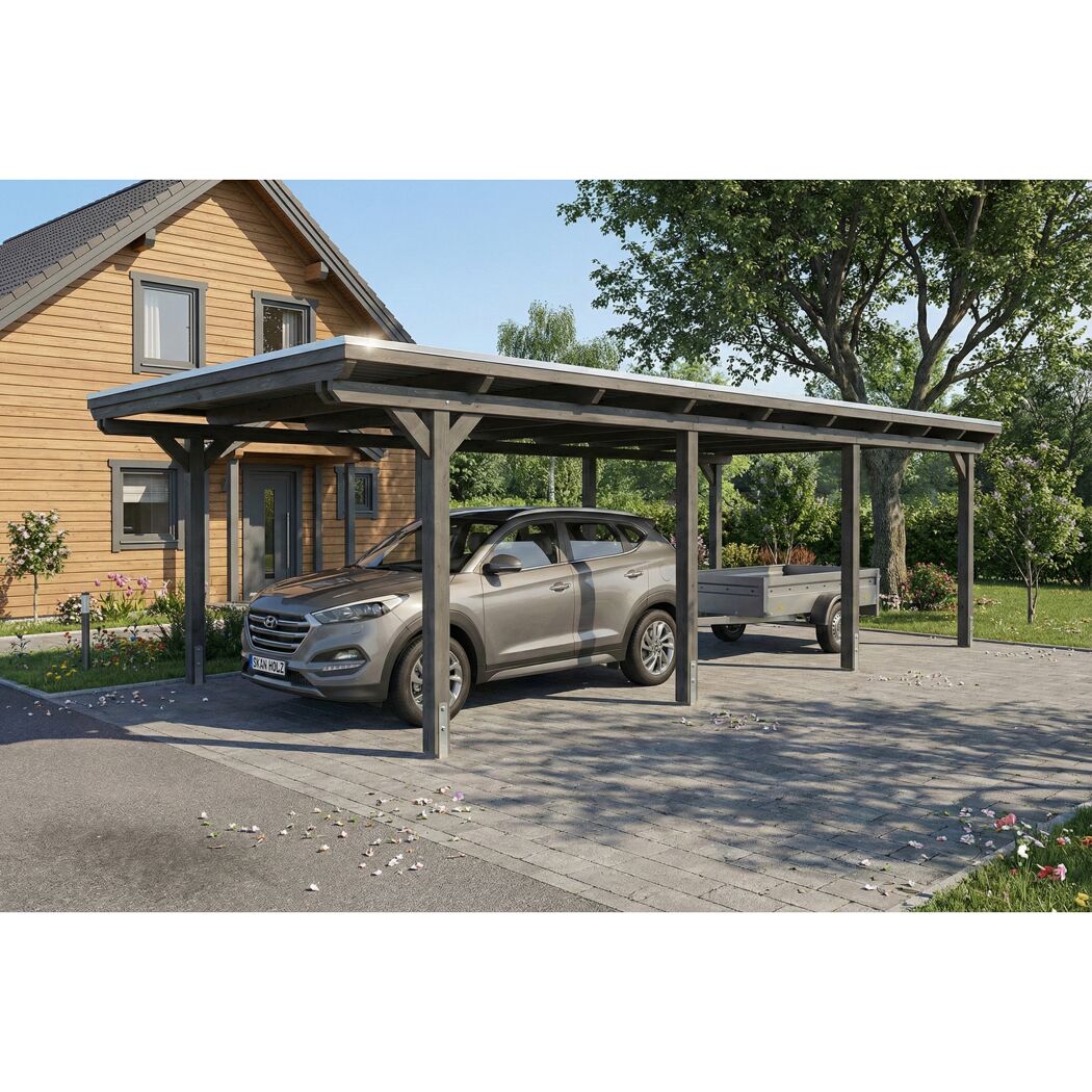 Einzelcarport 'Emsland' schiefergrau 402 x 846 cm mit Stahl-Dachplatten