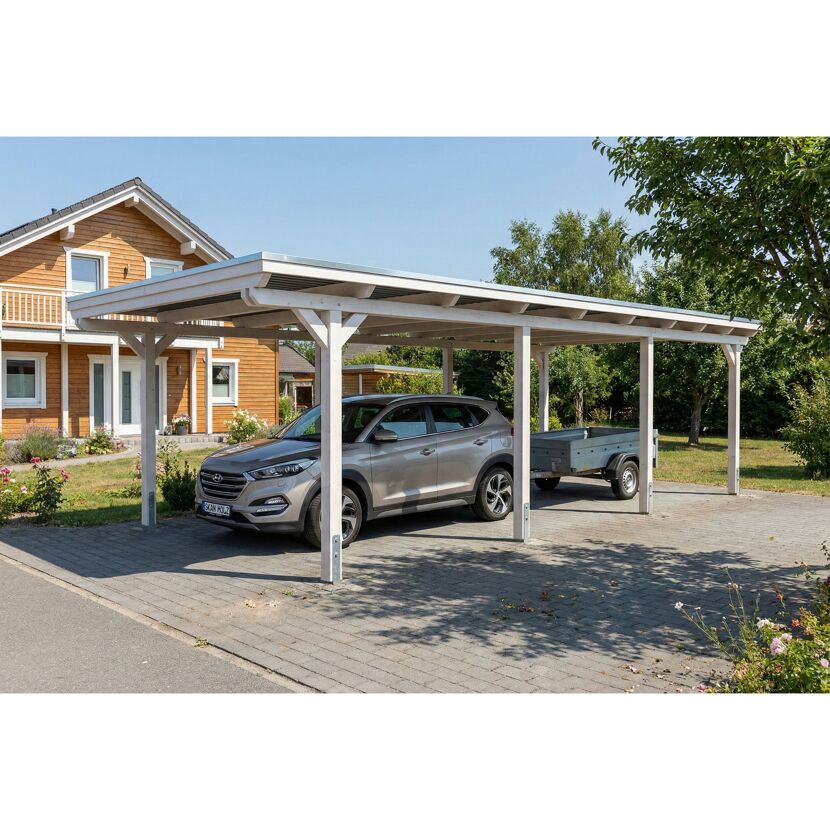 Einzelcarport 'Emsland' weiß 402 x 846 cm mit Stahl-Dachplatten