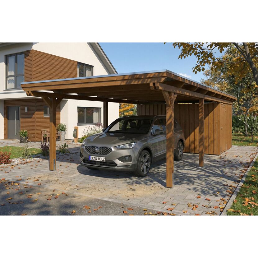 Einzelcarport 'Emsland' nussbaumfarben 402 x 846 cm mit Stahl-Dachplatten
