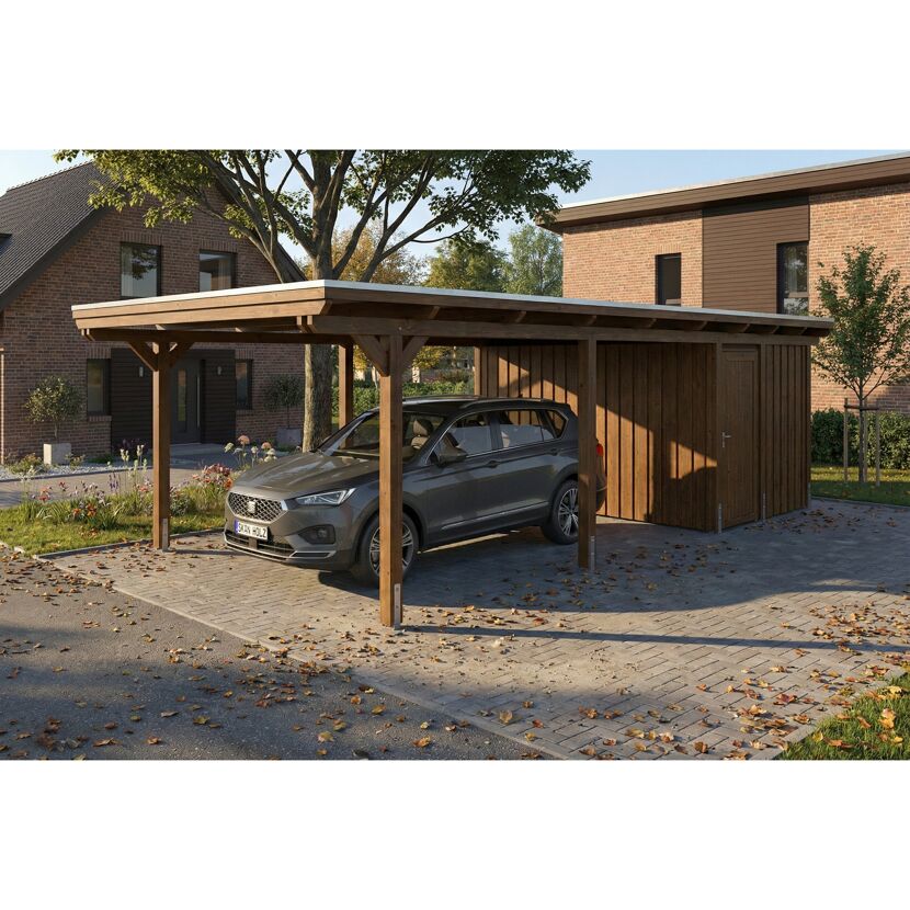 Einzelcarport 'Emsland' nussbaumfarben 402 x 846 cm mit EPDM-Dach