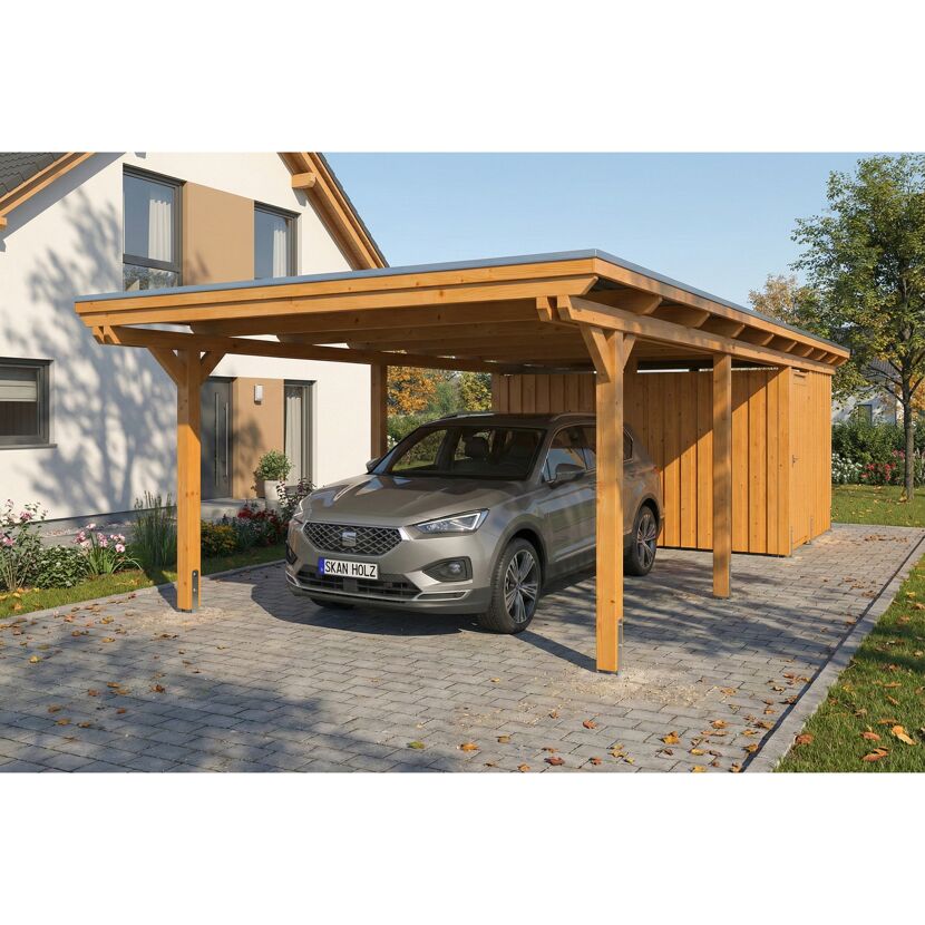 Einzelcarport 'Emsland' Eiche hell 402 x 846 cm mit EPDM-Dach
