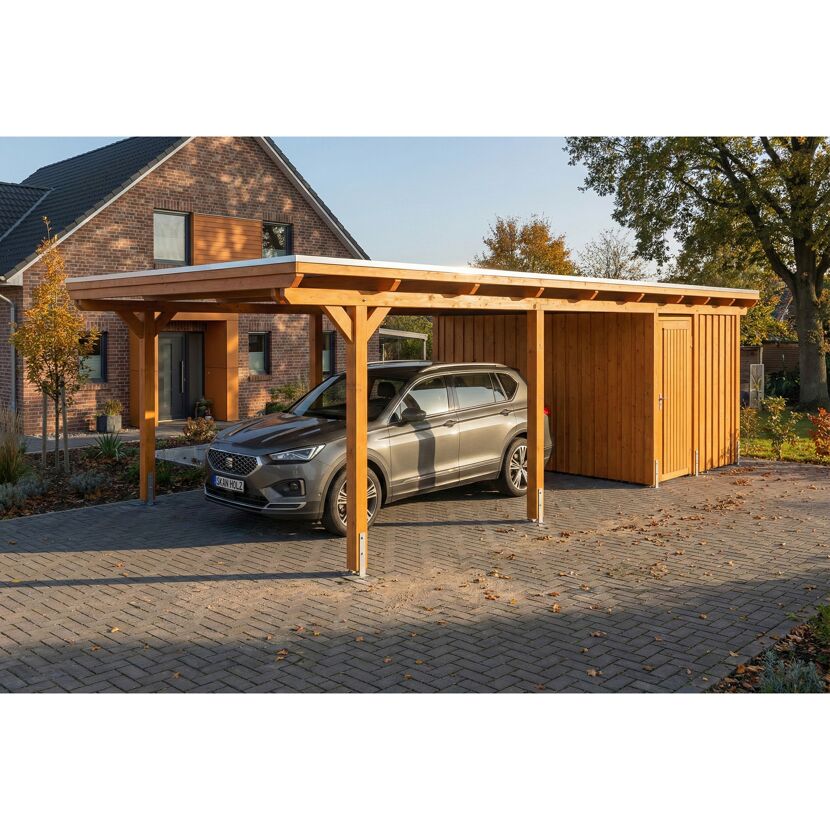 Einzelcarport 'Emsland' Eiche hell 402 x 846 cm mit EPDM-Dach