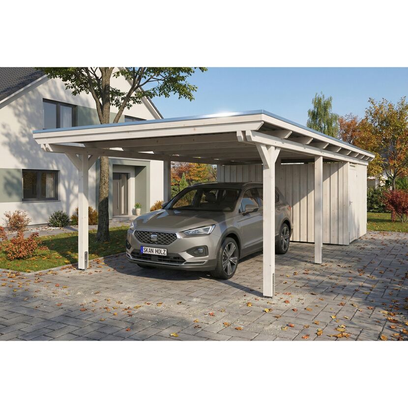 Einzelcarport 'Emsland' weiß 402 x 846 cm mit EPDM-Dach