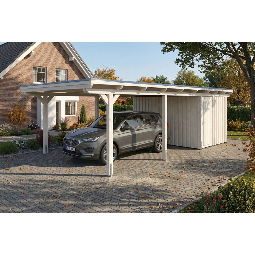 Einzelcarport 'Emsland' weiß 402 x 846 cm mit EPDM-Dach