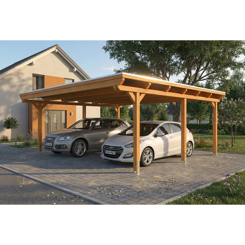 Doppelcarport 'Emsland' Eiche hell 609 x 604 cm mit EPDM-Dach