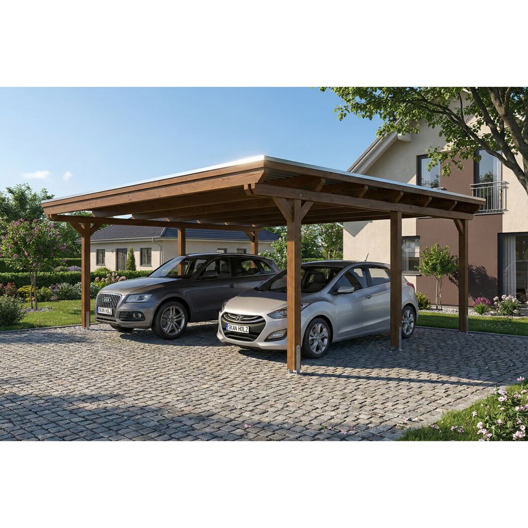 Doppelcarport 'Emsland' nussbaumfarben 609 x 604 cm mit EPDM-Dach