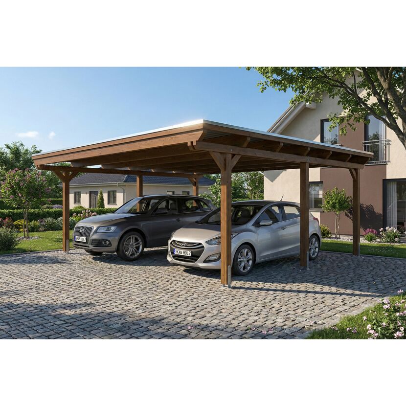 Doppelcarport 'Emsland' nussbaumfarben 609 x 604 cm mit EPDM-Dach