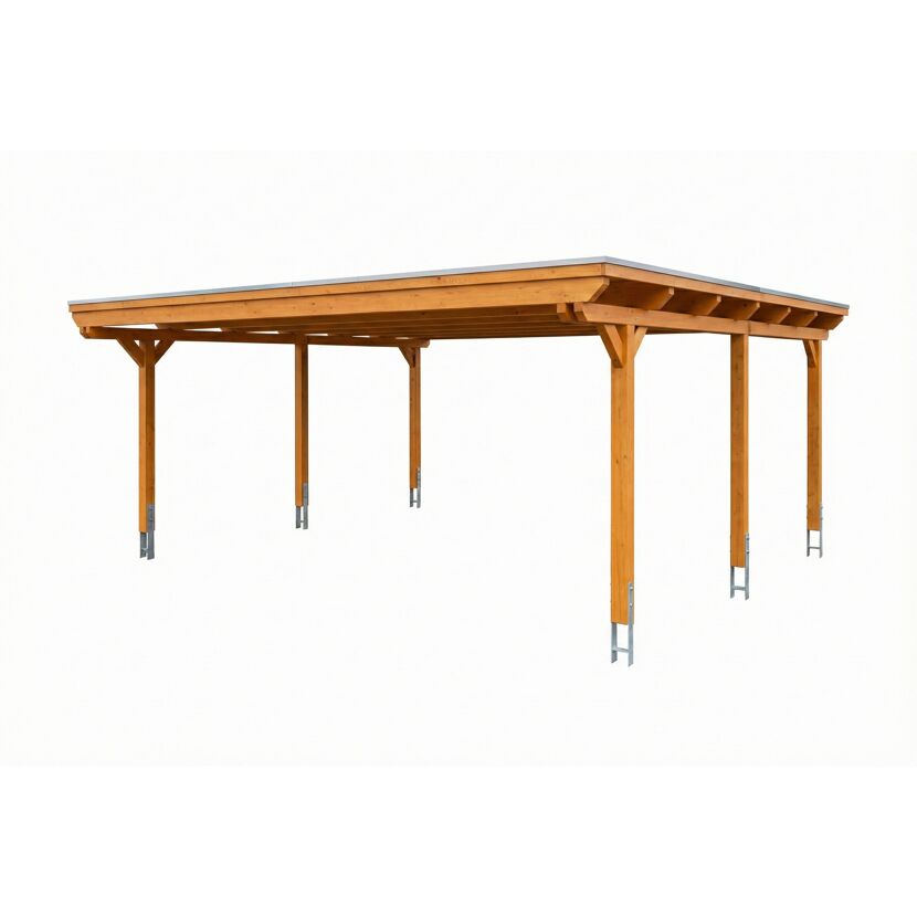 Doppelcarport 'Emsland' Eiche hell 609 x 604 cm mit Stahl-Dachplatten