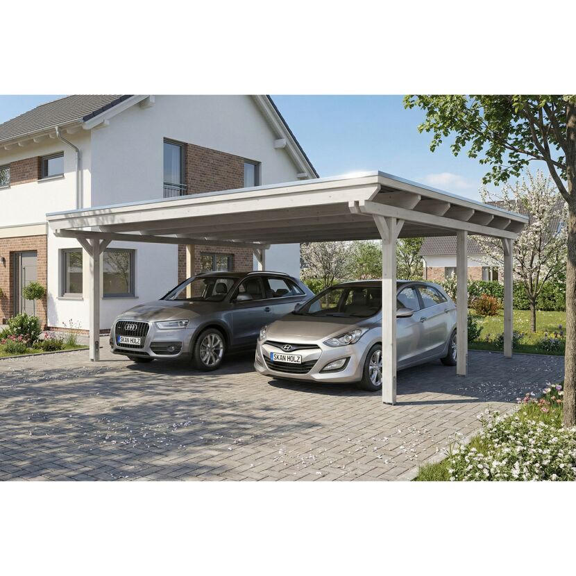 Einzelcarport 'Emsland' weiß 609 x 604 cm mit Stahl-Dachplatten