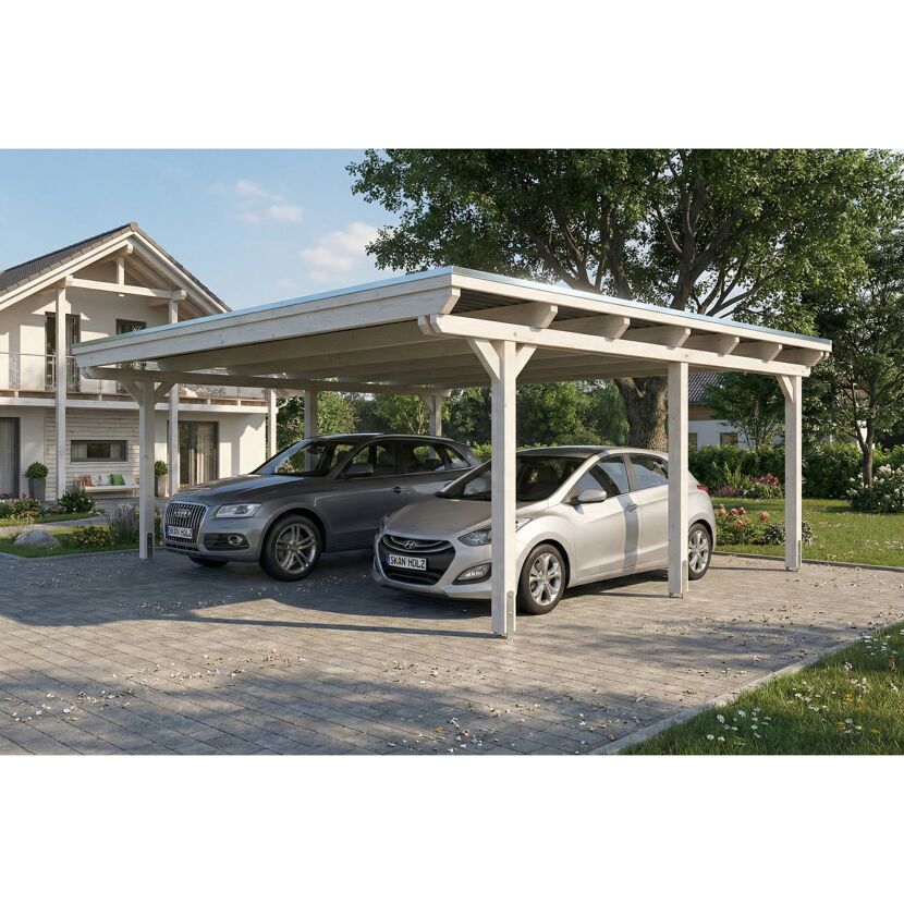 Einzelcarport 'Emsland' weiß 609 x 604 cm mit Stahl-Dachplatten