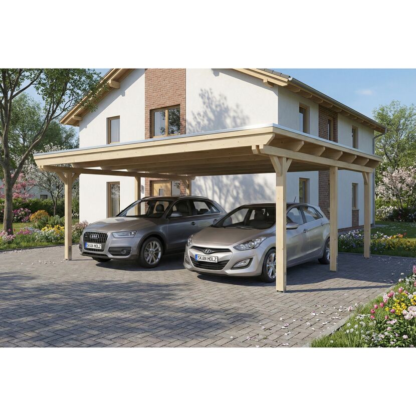 Einzelcarport 'Emsland' naturfarben 609 x 604 cm mit Stahl-Dachplatten