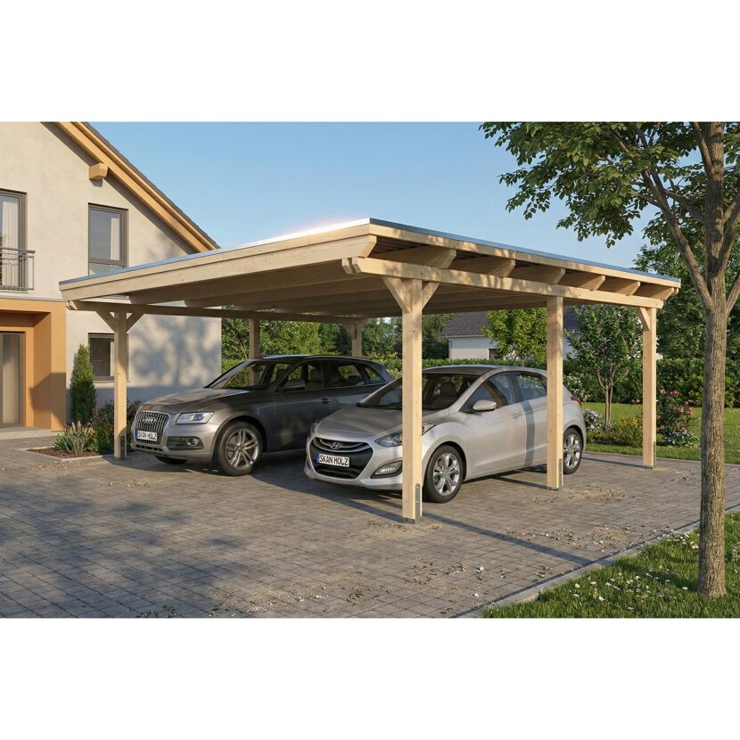 Einzelcarport 'Emsland' naturfarben 609 x 604 cm mit Stahl-Dachplatten
