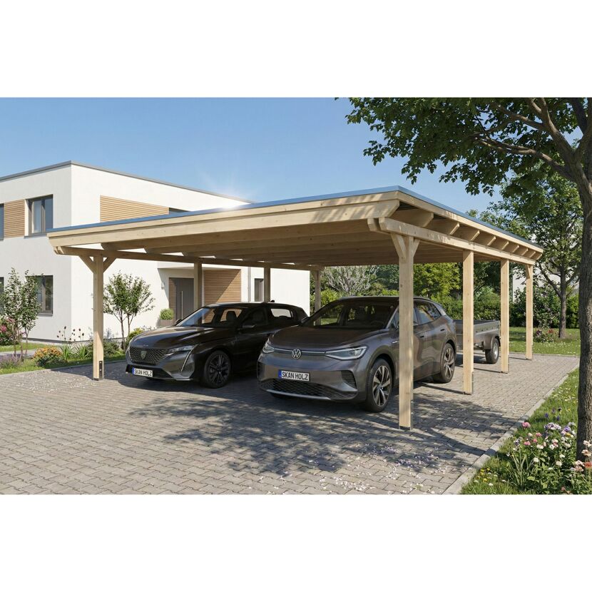 Doppelcarport 'Emsland' naturfarben 609 x 846 cm mit Stahl-Dachplatten