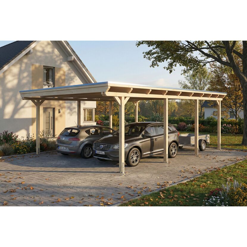 Doppelcarport 'Emsland' naturfarben 609 x 846 cm mit Stahl-Dachplatten