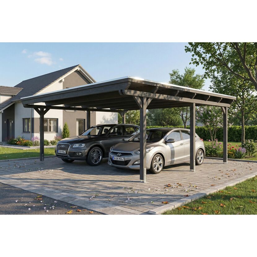 Doppelcarport 'Emsland' schiefergrau 609 x 604 cm mit Stahl-Dachplatten