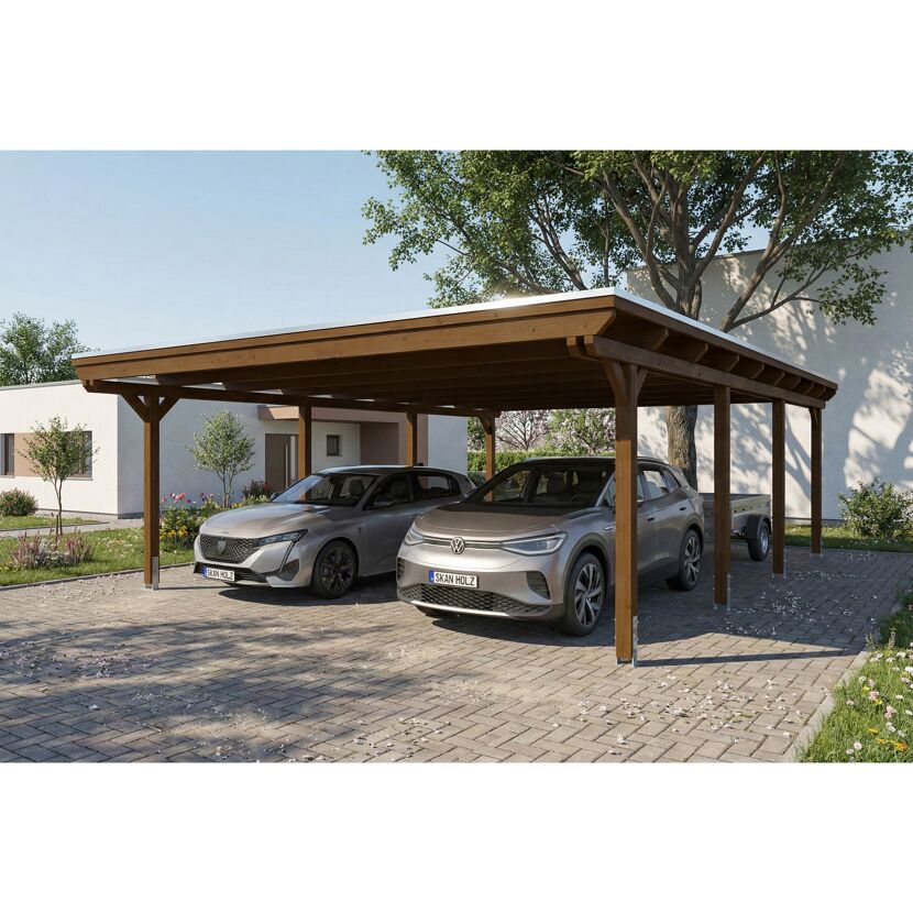 Doppelcarport 'Emsland' nussbaumfarben 609 x 846 cm mit EPDM-Dach