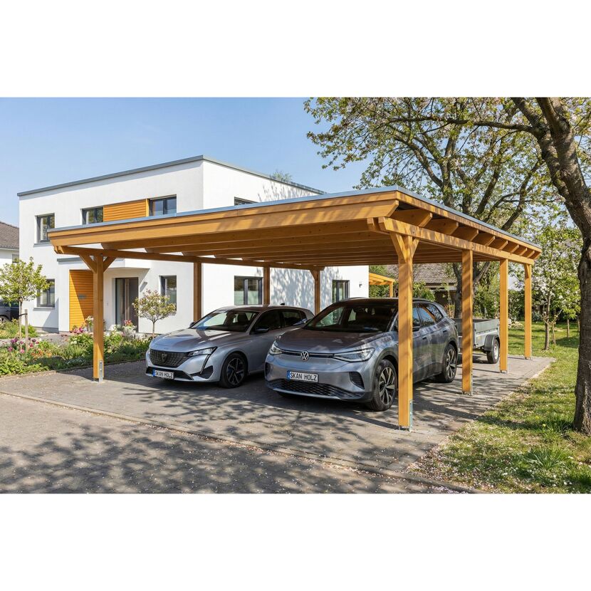 Doppelcarport 'Emsland' Eiche hell 609 x 846 cm mit EPDM-Dach