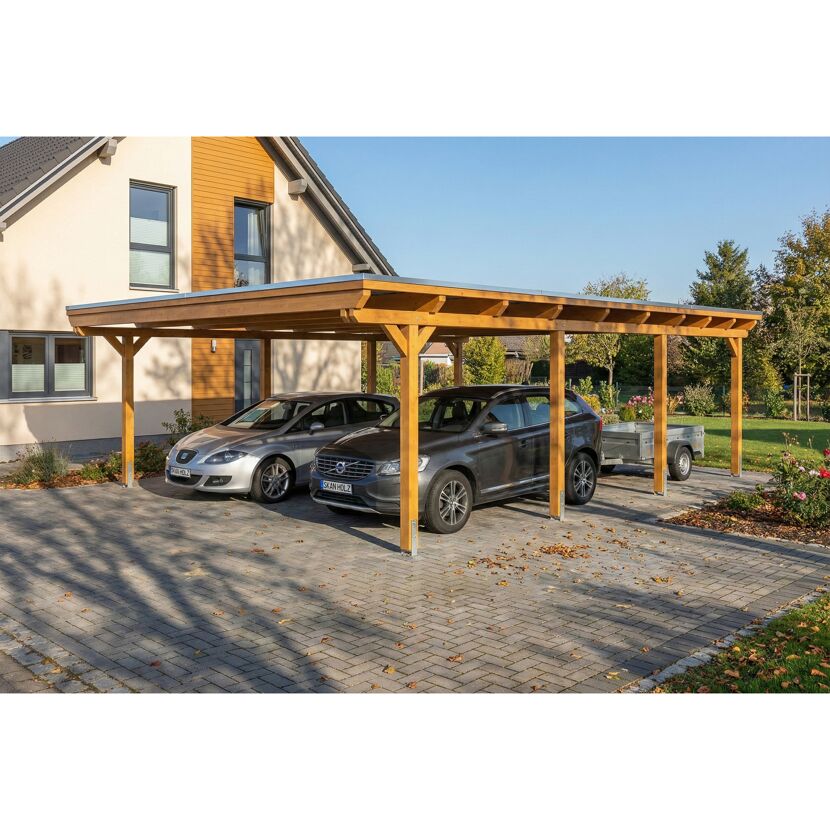 Doppelcarport 'Emsland' Eiche hell 609 x 846 cm mit EPDM-Dach