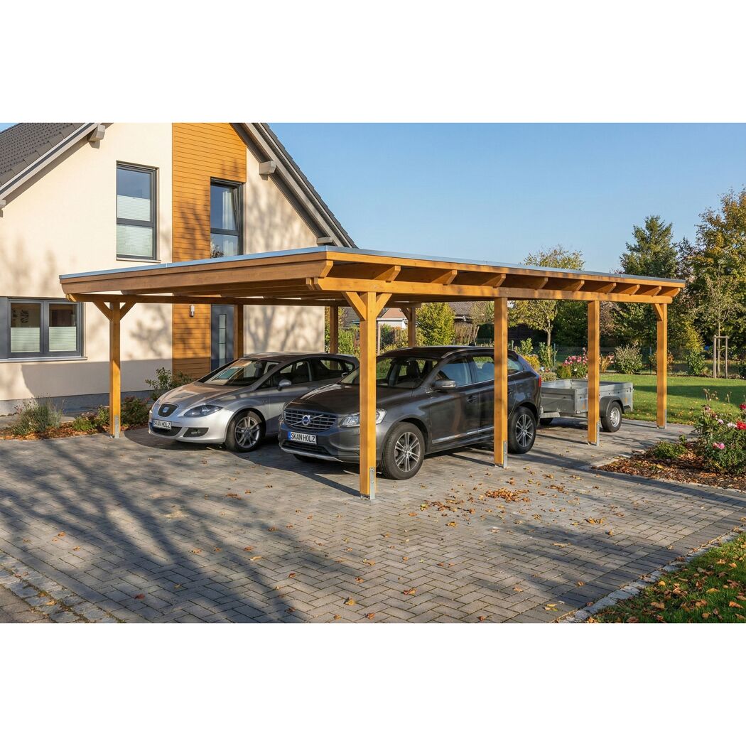 Doppelcarport 'Emsland' Eiche hell 609 x 846 cm mit Stahl-Dachplatten