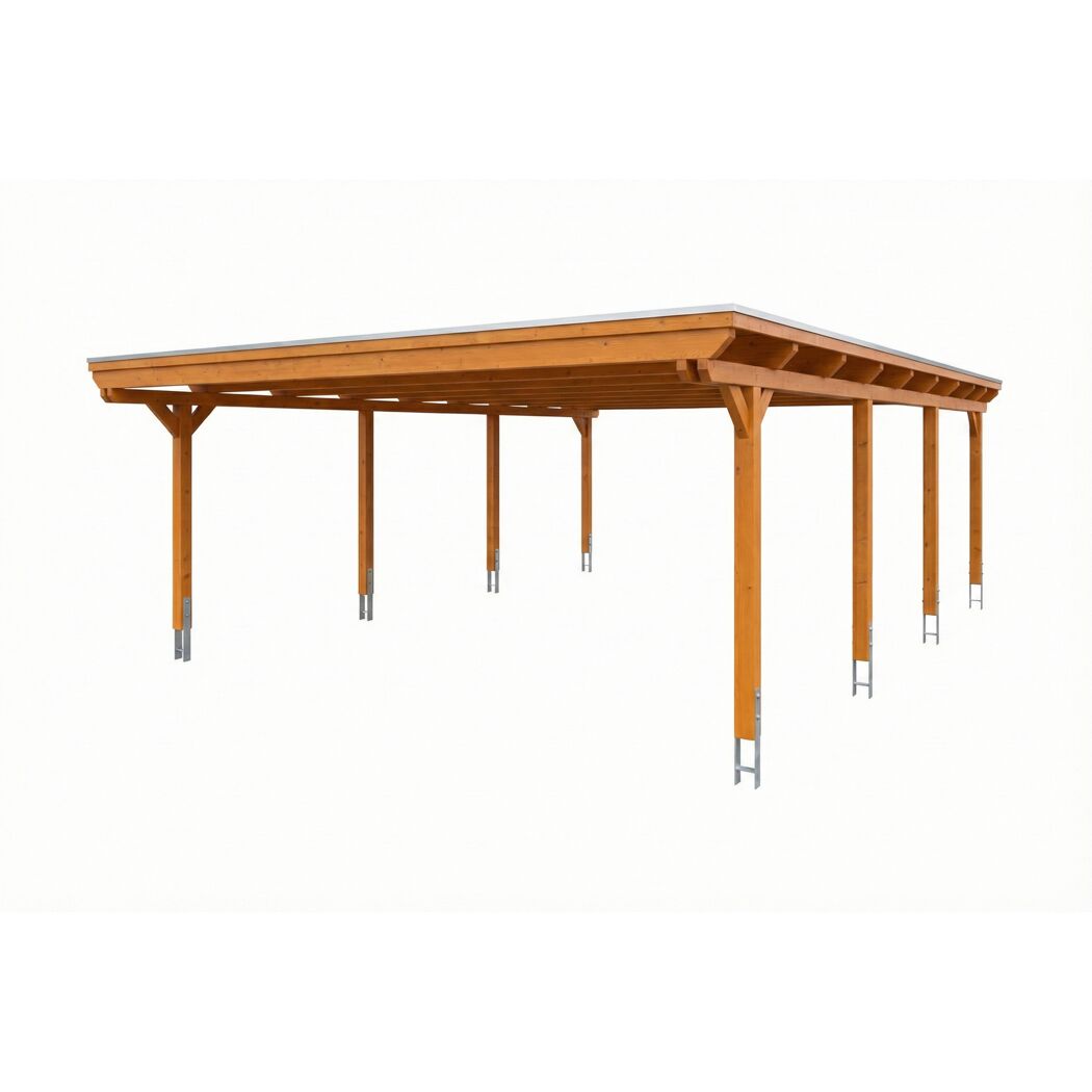 Doppelcarport 'Emsland' Eiche hell 609 x 846 cm mit Stahl-Dachplatten