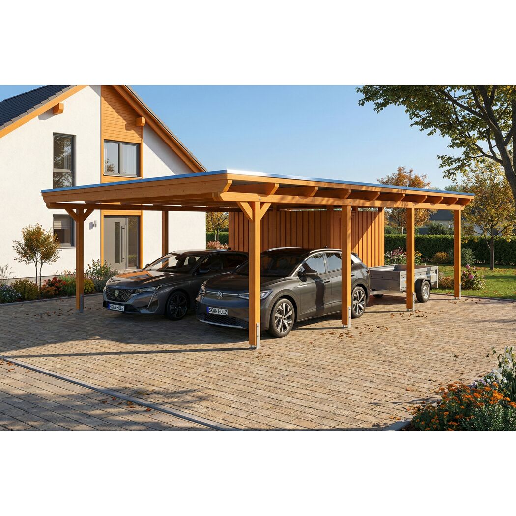 Doppelcarport 'Emsland' Eiche hell 609 x 846 cm mit EPDM-Dach