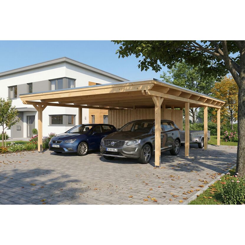 Doppelcarport 'Emsland' naturfarben 609 x 846 cm mit Stahl-Dachplatten