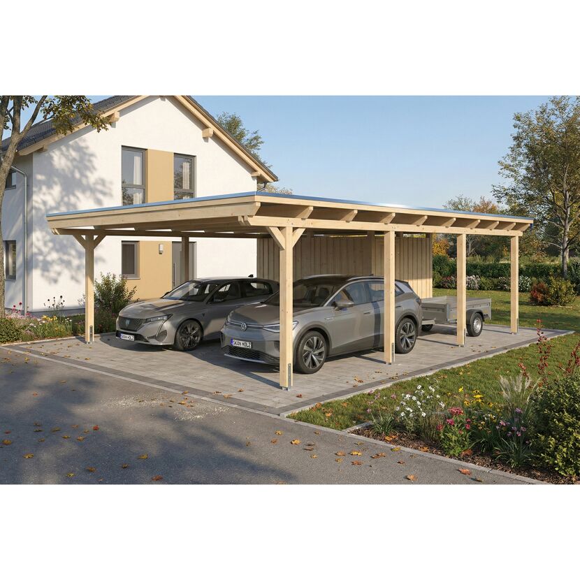 Doppelcarport 'Emsland' naturfarben 609 x 846 cm mit Stahl-Dachplatten