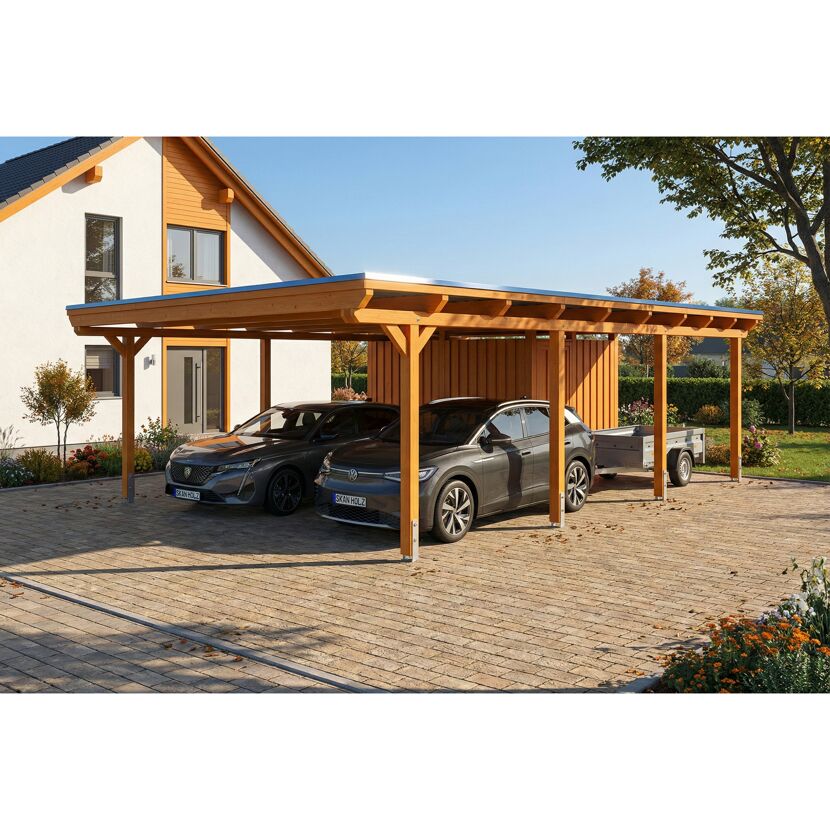 Doppelcarport 'Emsland' Eiche hell 609 x 846 cm mit Stahl-Dachplatten