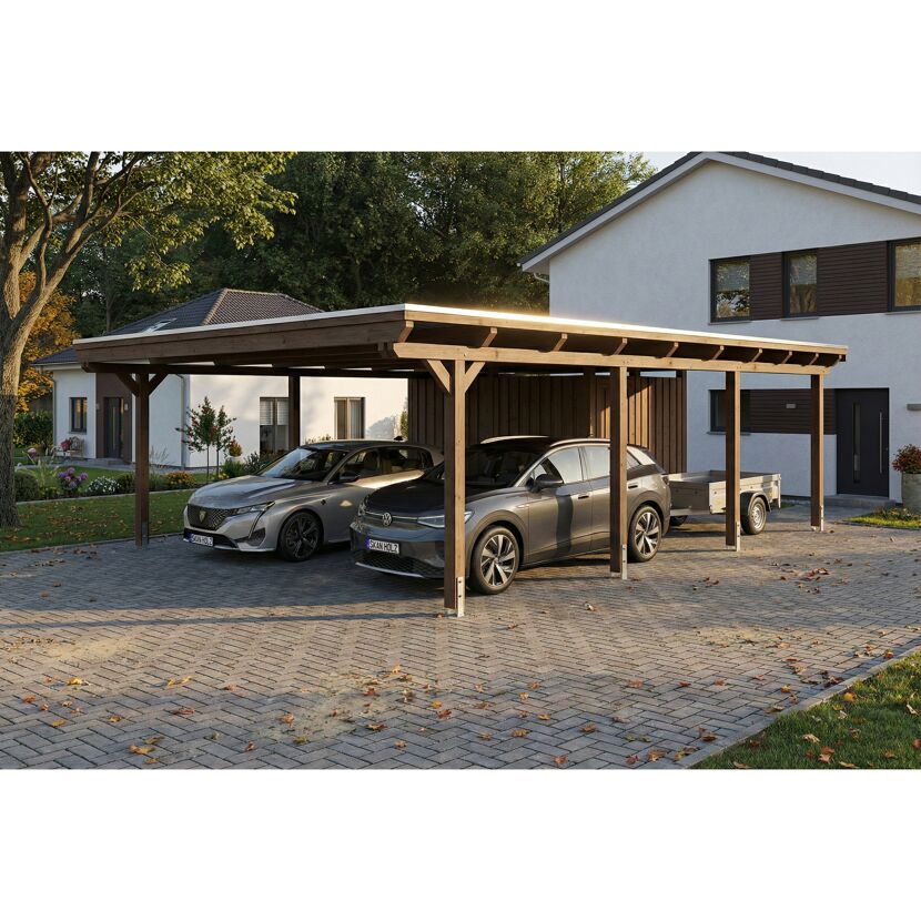 Doppelcarport 'Emsland' nussbaumfarben 609 x 846 cm mit Stahl-Dachplatten
