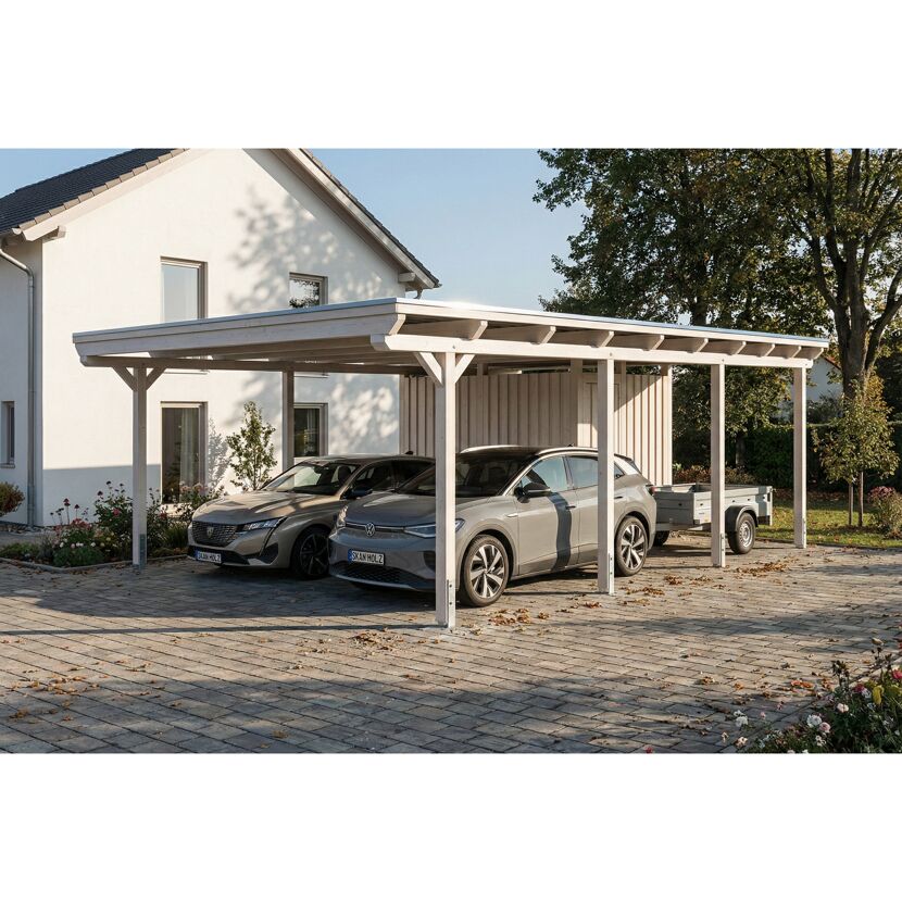 Einzelcarport 'Emsland' weiß 609 x 846 cm mit Stahl-Dachplatten