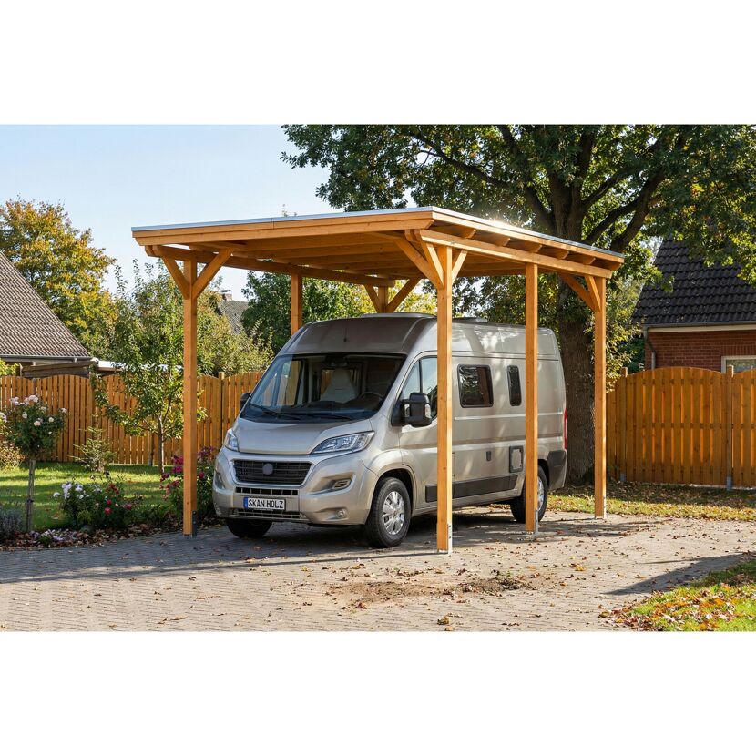 Einzelcarport 'Emsland Caravan' Eiche hell 402 x 604 cm mit Stahl-Dachplatten