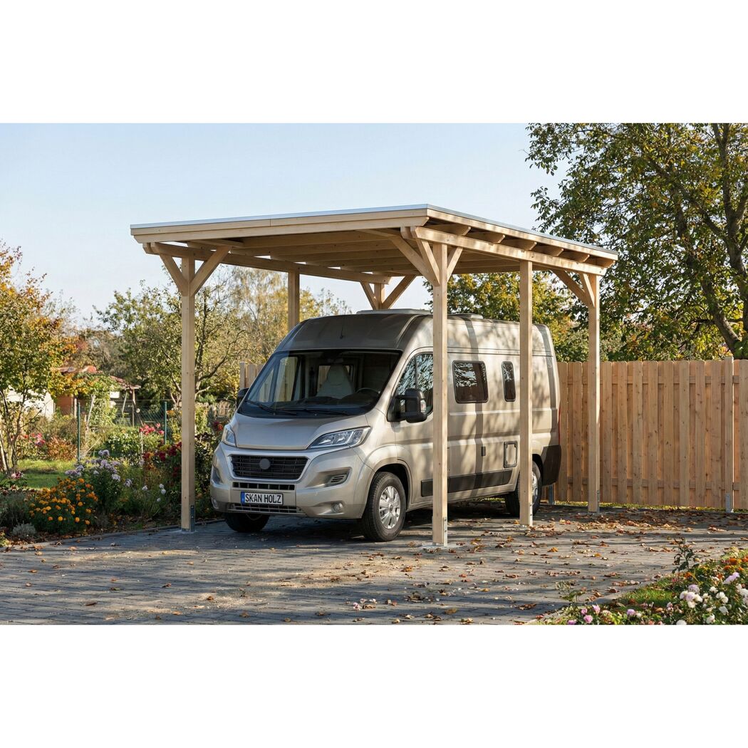 Einzelcarport 'Emsland Caravan' naturfarben 402 x 604 cm mit Stahl-Dachplatten