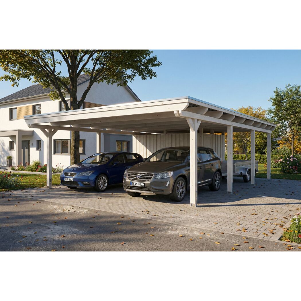Doppelcarport 'Emsland' weiß 609 x 846 cm mit EPDM-Dach