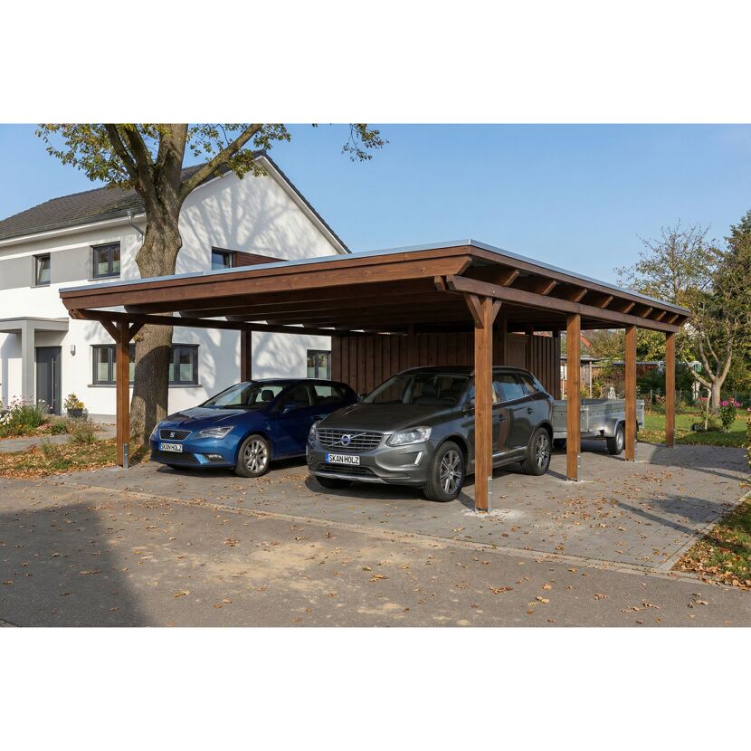 Doppelcarport 'Emsland' nussbaumfarben 609 x 846 cm mit EPDM-Dach