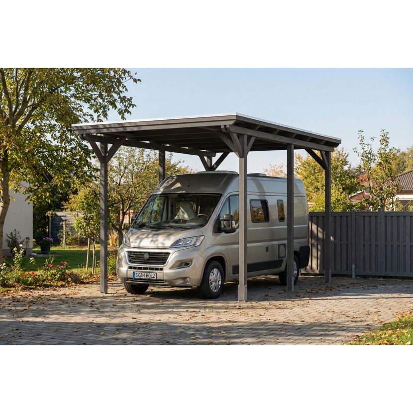 Einzelcarport 'Emsland Caravan' schiefergrau 402 x 604 cm mit Stahl-Dachplatten
