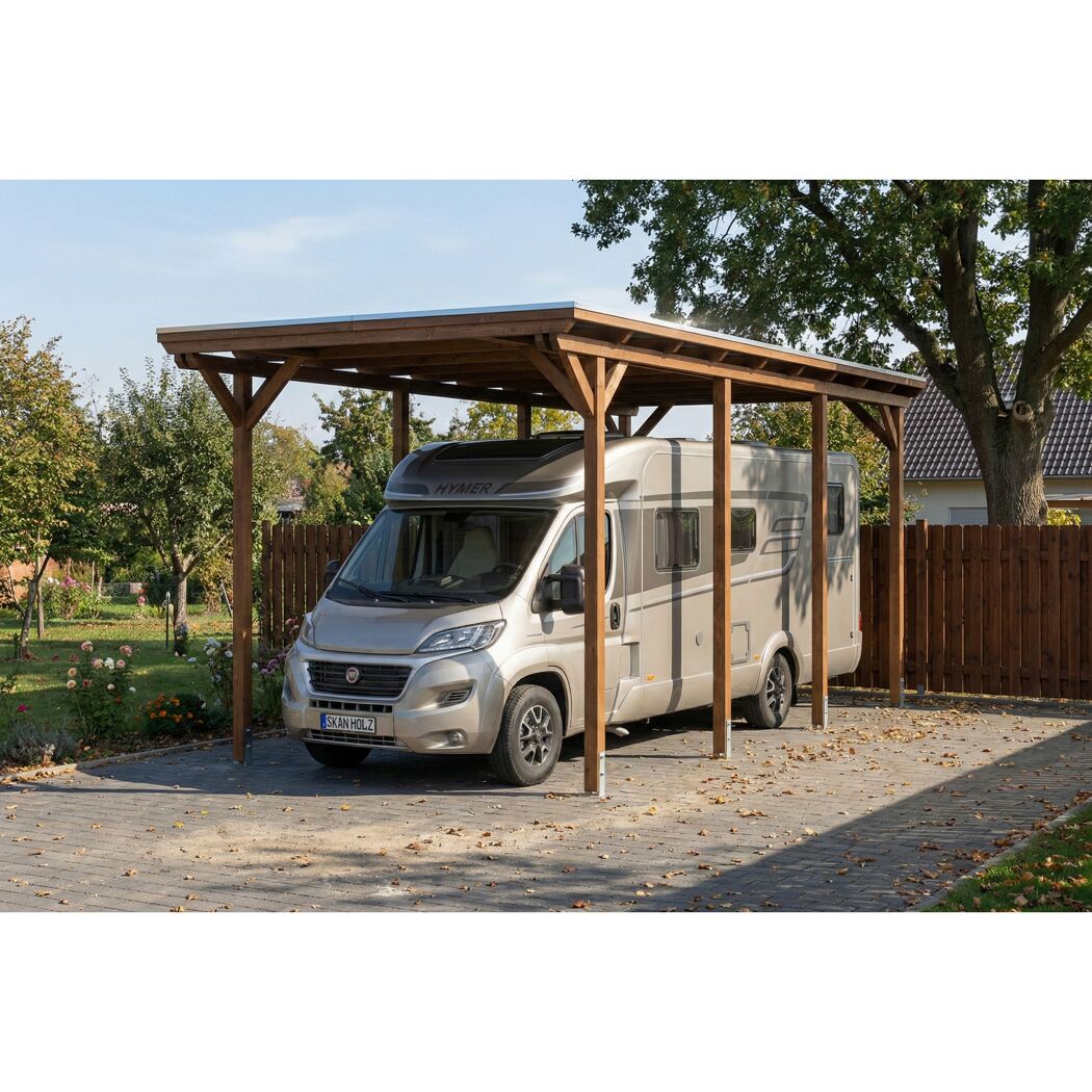 Einzelcarport 'Emsland Caravan' nussbaumfarben 402 x 846 cm mit Stahl-Dachplatten