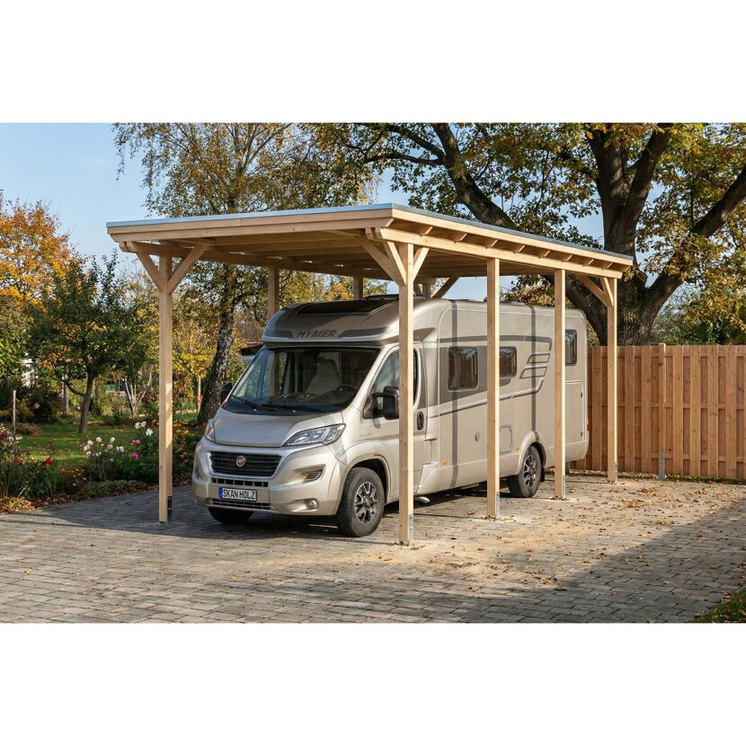 Einzelcarport 'Emsland Caravan' naturfarben 402 x 846 cm mit Stahl-Dachplatten