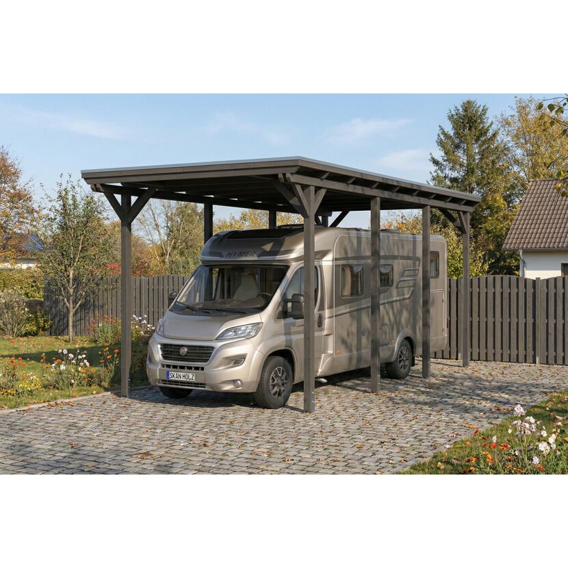 Einzelcarport 'Emsland Caravan' schiefergrau 402 x 846 cm, Stahl-Dachplatten mit Antikondensvlies