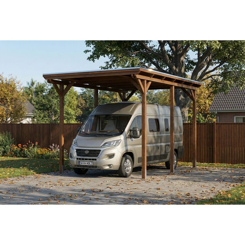 Einzelcarport 'Emsland Caravan' nussbaumfarben 402 x 604 cm mit Stahl-Dachplatten