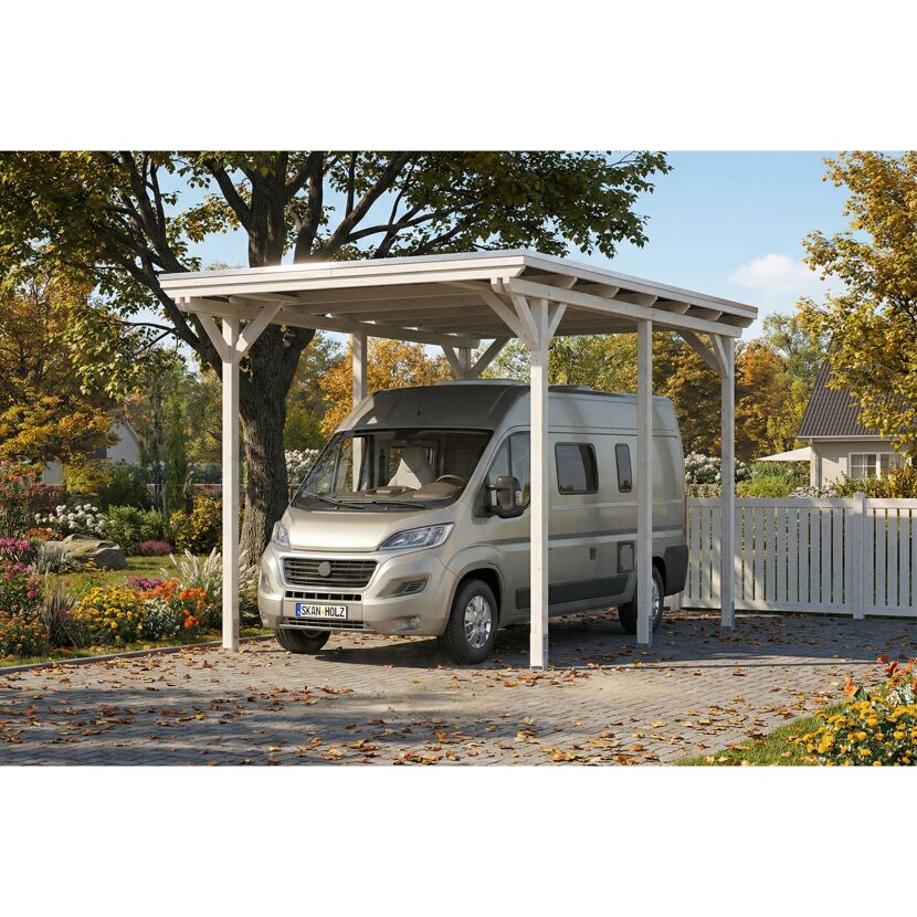 Einzelcarport 'Emsland Caravan' weiß 402 x 604 cm mit Stahl-Dachplatten