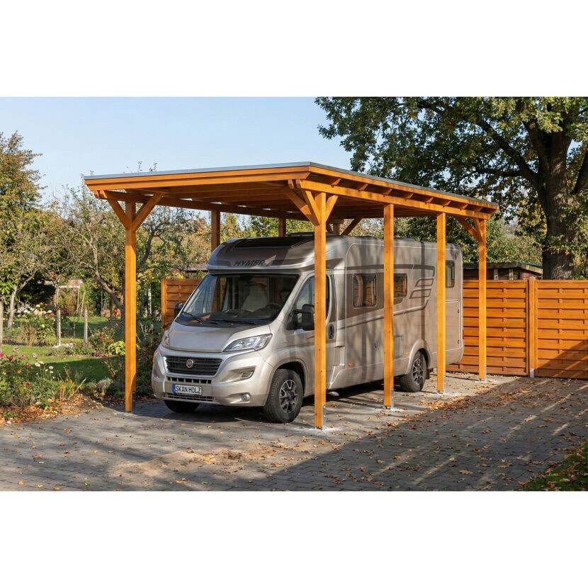 Einzelcarport 'Emsland Caravan' Eiche hell 402 x 846 cm mit Stahl-Dachplatten